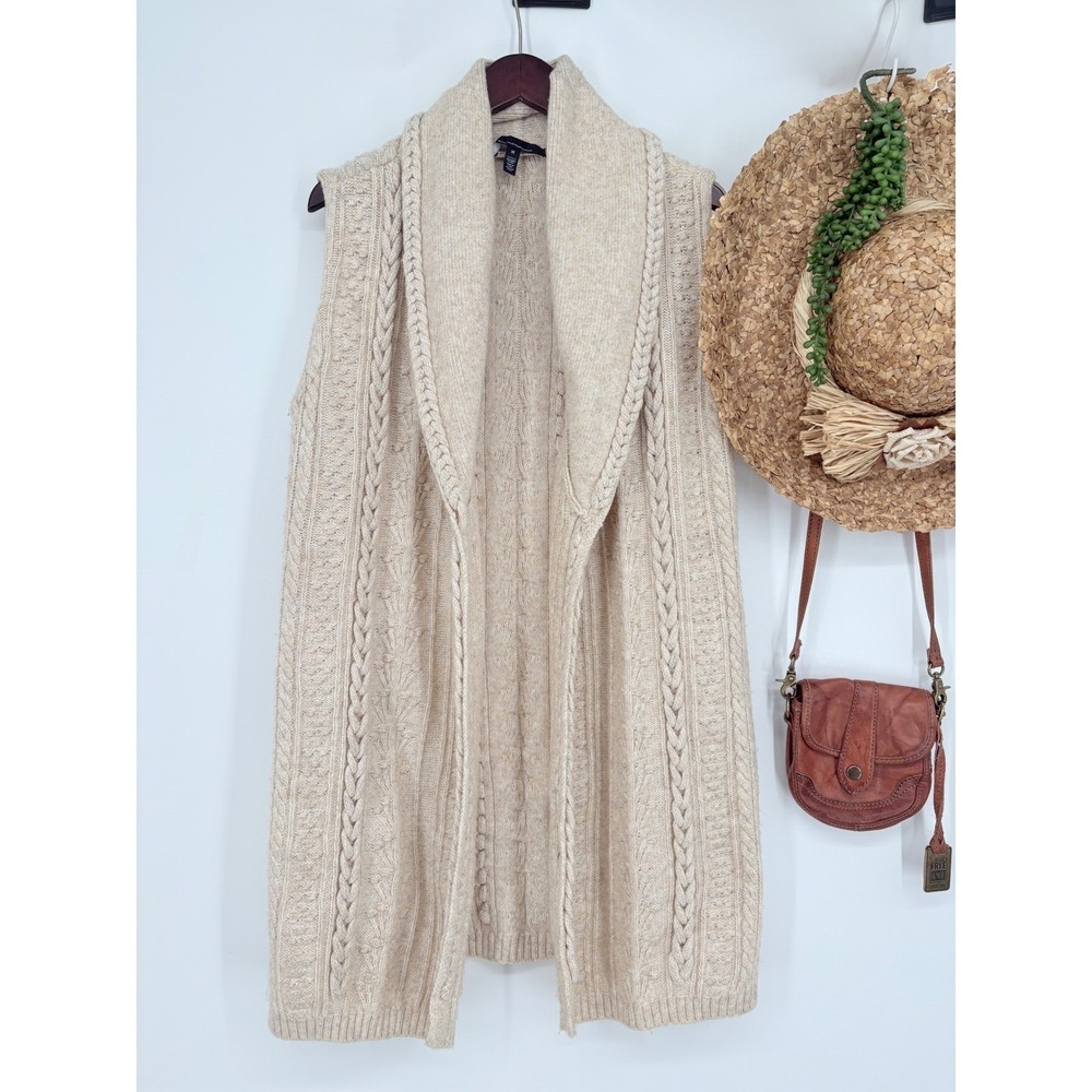 White House Black Market M Beige Novelty Cable Vest Open Chunky Wool Blend Fall